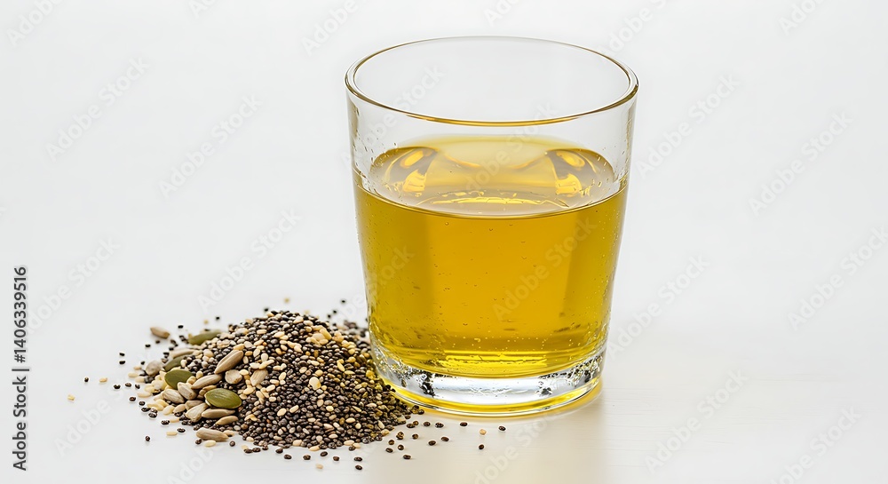 Pouring Cooking Oil Next to Seeds for Healthy Diet Pouring Cooking Oil Next to Seeds for Healthy Diet