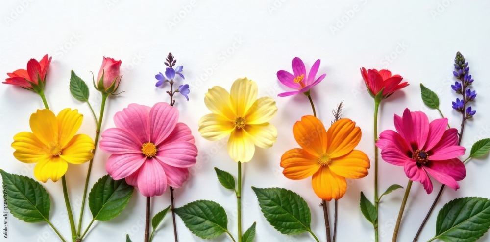 Delicate composition of various flower species arranged artfully on a crisp white surface, garden decor, nature-inspired design Delicate composition of various flower species arranged artfully on a crisp white surface, garden decor, nature-inspired design