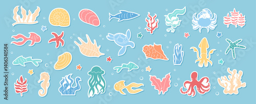 Colorful cartoon vector set of underwater marine life. Includes sea creatures like fish, kelp, and coral. Perfect for aquarium or ocean-themed design projects.