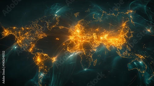 A glowing network map connecting towers and devices in real time, high-speed, low-latency communication across the globe