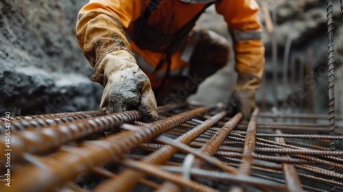 Tunnel construction worker securing rebar before concrete pouring. Featuring underground engineering photo