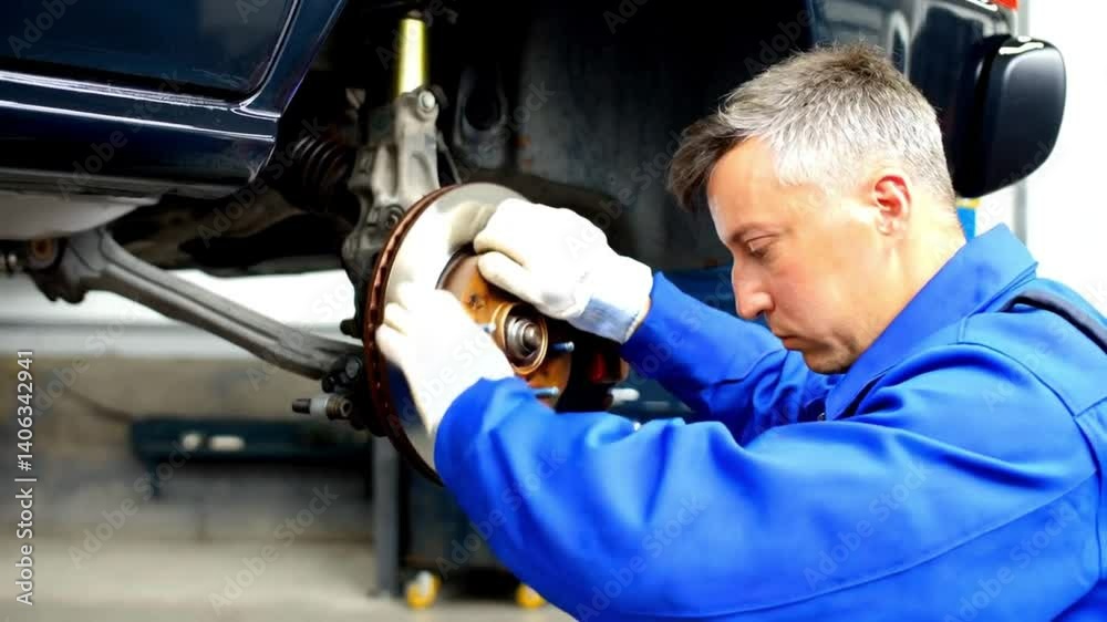 worker taking off car brake rotor moving slow