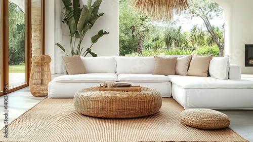 Coastal living room showcasing a light-filled, modern sectional sofa. photo