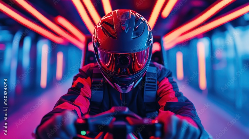 Intense FPV drone racer immersed in neon lights cockpit focus on concentration Intense FPV drone racer immersed in neon lights cockpit focus on concentration