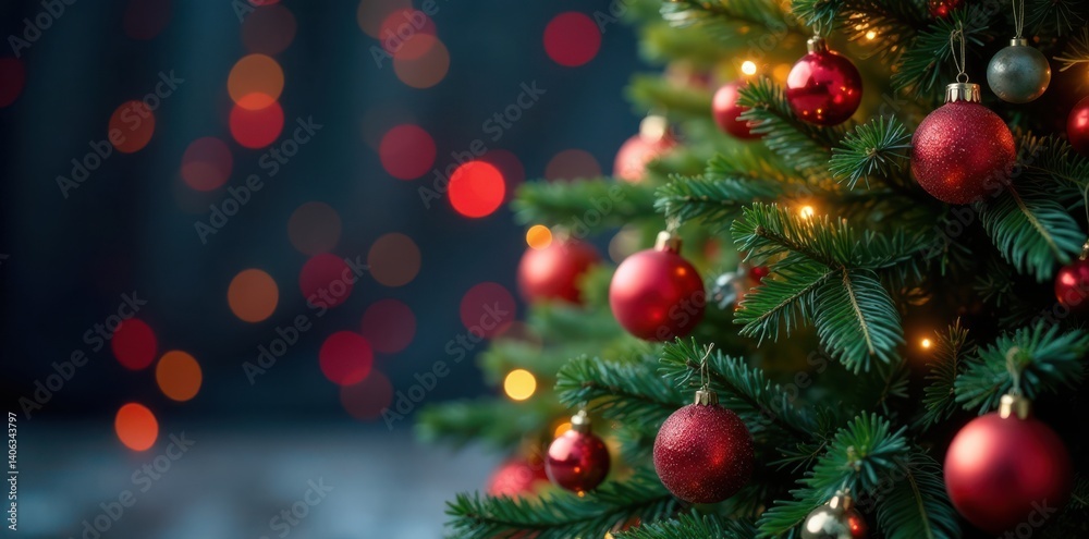 Tall fir Christmas tree in front of colorful lights and ornaments, fir, lights