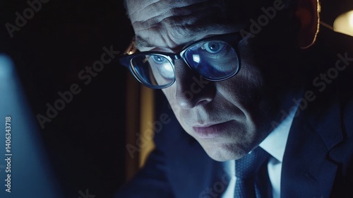 Intense focus of businessman in suit working late with screen reflection