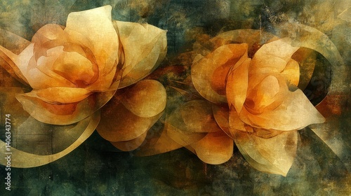 Abstract floral composition featuring soft orange flowers and flowing ribbons on a textured background.