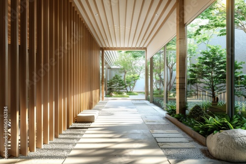 Natural light floods a modern interior with wooden slats and greenery in a tranquil setting