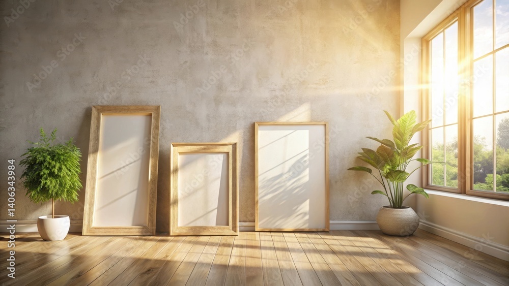 Fototapeta premium Sunlit Room with Empty Picture Frames and Plants Ready for Artwork Display