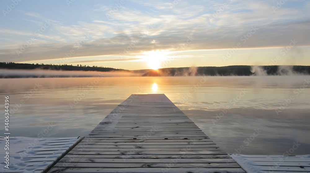 Obraz premium Frozen lake sunrise vista from a tranquil dock.