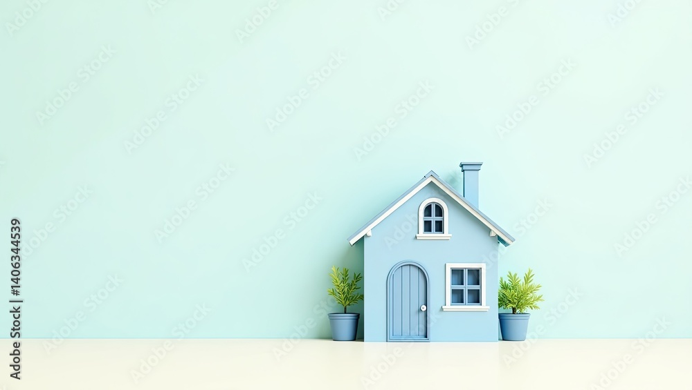 Miniature blue house model with potted plants against a soft pastel background, ideal for home decor