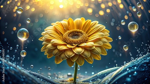 A radiant yellow flower blossoms amidst a captivating display of water droplets, illuminated by a soft, ethereal light, creating a breathtaking scene of natural beauty and serenity