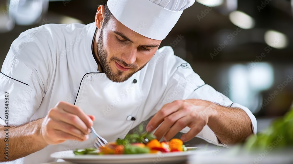 Professional chef masterfully arranging a colorful gourmet dish with meticulous precision Professional chef masterfully arranging a colorful gourmet dish with meticulous precision