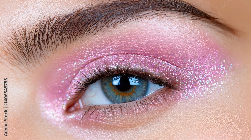 Obraz premium Closeup of a womans eye with soft pink eyeshadow makeup look