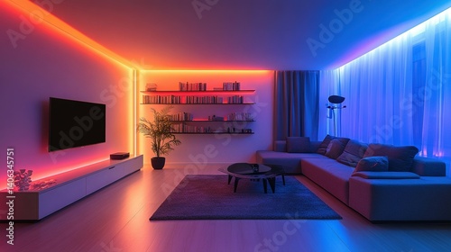 Modern living room illuminated by colorful ambient lighting.