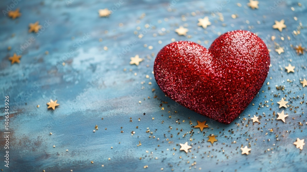 Obraz premium Sparkling red heart on a textured blue background with golden stars.