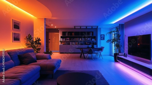 Modern living room with vibrant, colorful LED lighting.