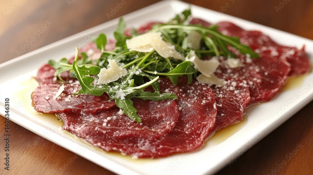A plate of thinly sliced raw beef topped with arugula and cheese, served as a dish. A plate of thinly sliced raw beef topped with arugula and cheese, served as a dish.