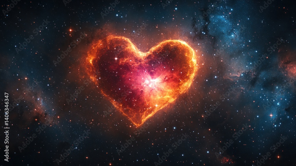 Heart-shaped nebula in deep space, vibrant colors of fiery heart in the cosmos, surrounded by stardust and distant galaxies. Heart-shaped nebula in deep space, vibrant colors of fiery heart in the cosmos, surrounded by stardust and distant galaxies.