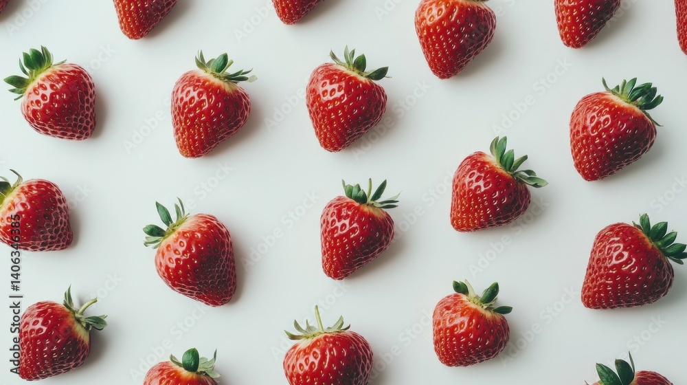 A flat lay of fresh strawberries arranged on a white surface.