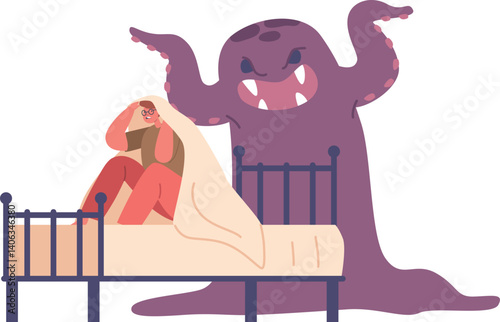 Boy seeing monster nightmare vector illustration