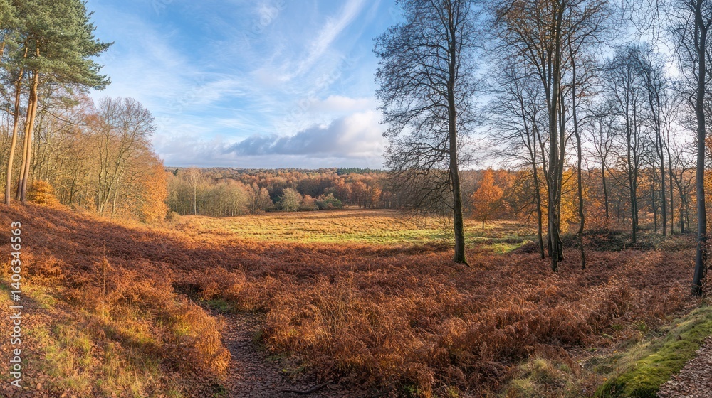 Fototapeta premium A serene autumn landscape with vibrant foliage and a clear sky.