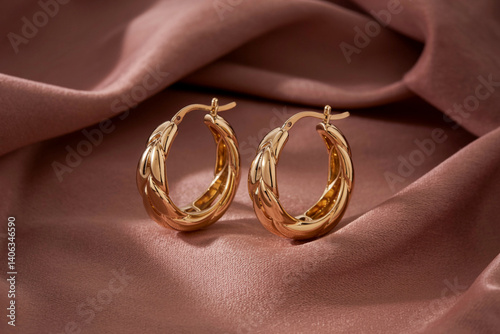 Elegant Golden Hoop Earrings On A Luxurious Dusty Rose Satin Fabric