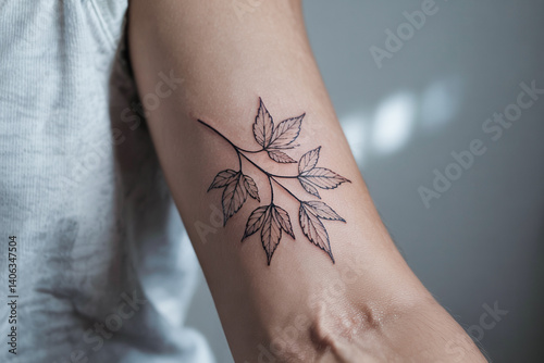 Arm With Leaf Tattoo Showing Fine Line Art And Botanical Design