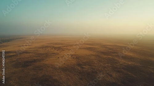 Serene aerial panorama of a vast african savanna with distant wildlife group