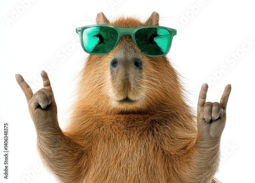 Obraz na płótnie A cool capybara with sunglasses making rock on gesture w salonie