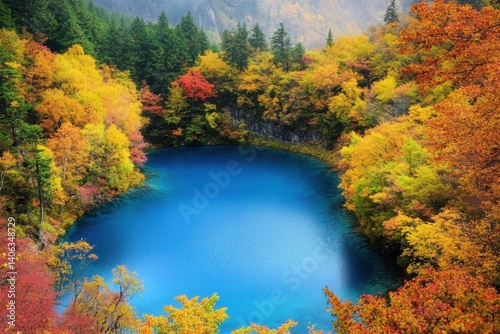 Serene autumnal lake nestled within a vibrant forest.  Tranquil blue water surrounded by colorful foliage in a picturesque valley photo