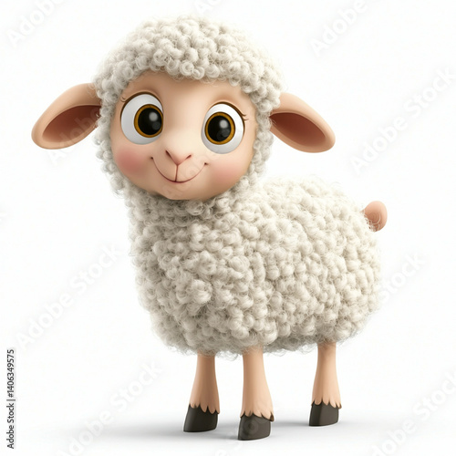 A cute cartoon sheep smiles cheerfully. Its wool is fluffy and white, set against a plain backdrop for focus on the adorable character.