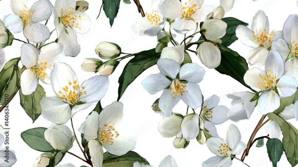 Obraz premium Delicate jasmine flowers blossoming with lush green leaves