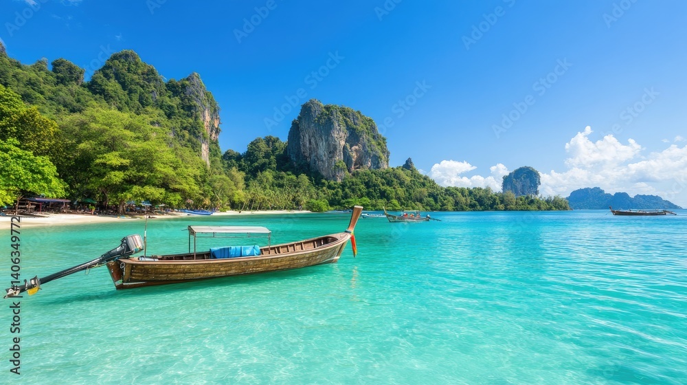 Obraz premium Tropical boat in clear water landscape with green hills and blue sky vacation travel concept