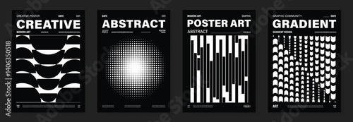 Abstract monochrome poster background vector set. Modern cover template with black and white perspective geometric prism shape, halftone dot, line. Ideal design for social media, banner, ads. 