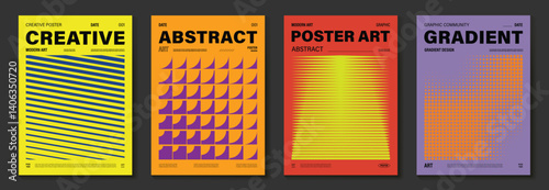 Abstract line wave poster background vector set. Cover template with vibrant perspective dot halftone, line wave. Ideal design for social media, cover, banner, music, ads.