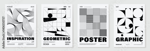 Abstract monochrome poster background vector set. Modern cover template with black and white perspective geometric prism shape, line. Ideal design for social media, banner, ads. 