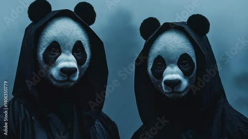 Two mysterious figures wearing panda masks stand in a dark, foggy forest, creating an eerie yet captivating atmosphere that sparks curiosity and imagination.