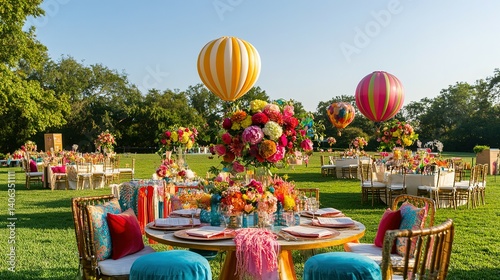 Vibrant outdoor dining tablescape with colorful hot air balloons. photo