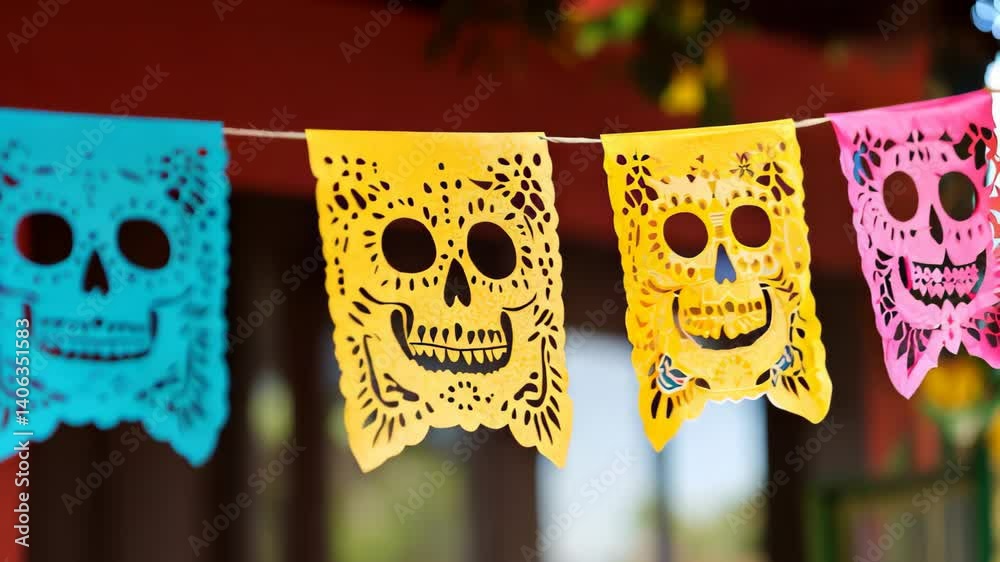 Brightly colored papel picado banners featuring intricate skull designs add a festive touch to celebrations. Ideal for cultural events and holiday decor.