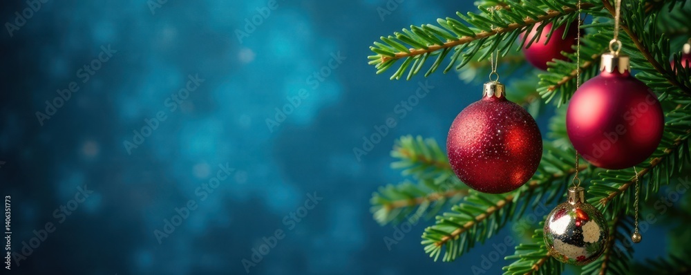 Obraz premium Glittering Christmas tree ornaments suspended from a blue background, tree, festive