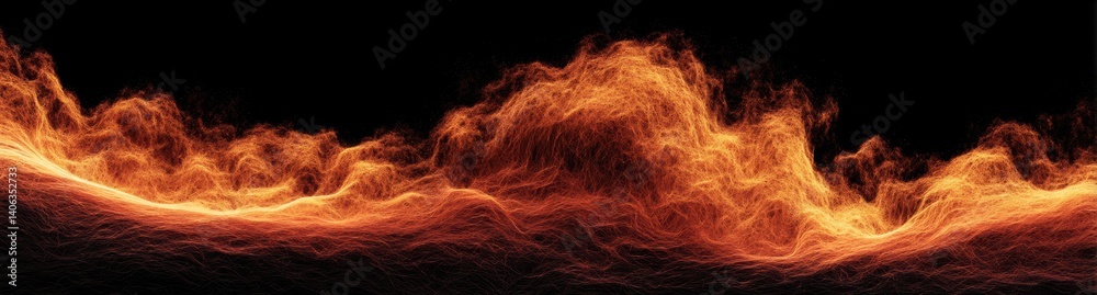 Fototapeta premium A wave of fire burns intensely against a black background. The flames dance and flicker, casting an orange glow against the darkness. The fiery intensity of the blaze is captivating.