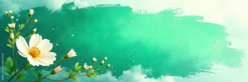 Textured brushstroke with vibrant green hues and delicate flower petals amidst wispy clouds, summer, colorful Textured brushstroke with vibrant green hues and delicate flower petals amidst wispy clouds, summer, colorful