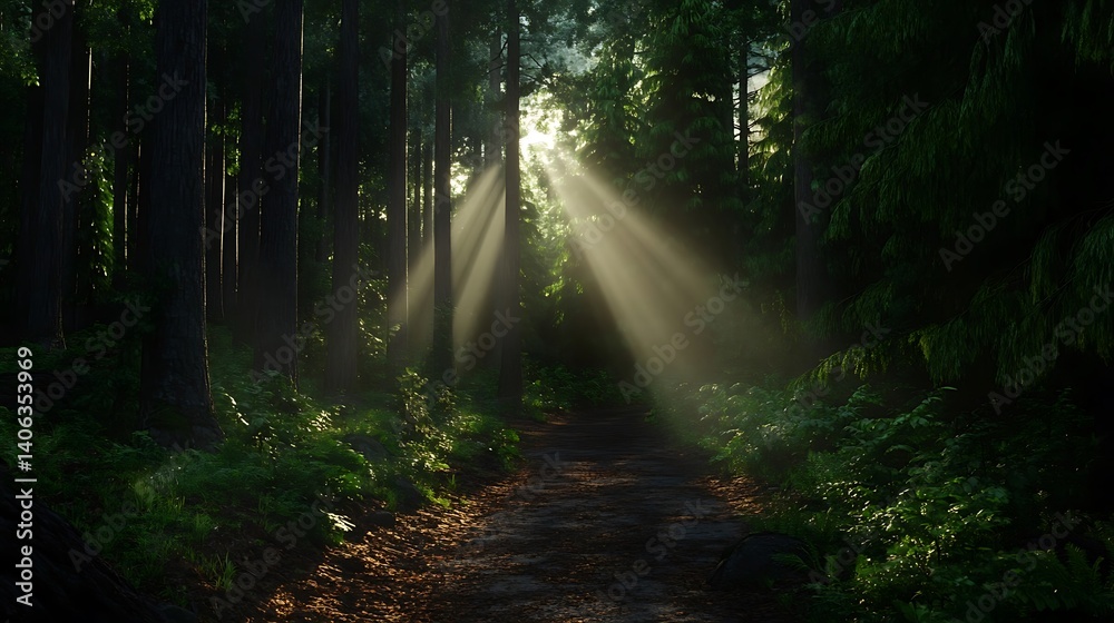 Obraz premium Sunbeams Illuminate Forest Path with Mystical Dawn.