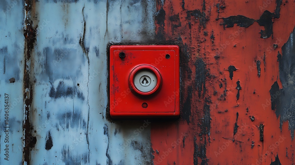 Red Button on Weathered Metal Wall Texture Red Button on Weathered Metal Wall Texture