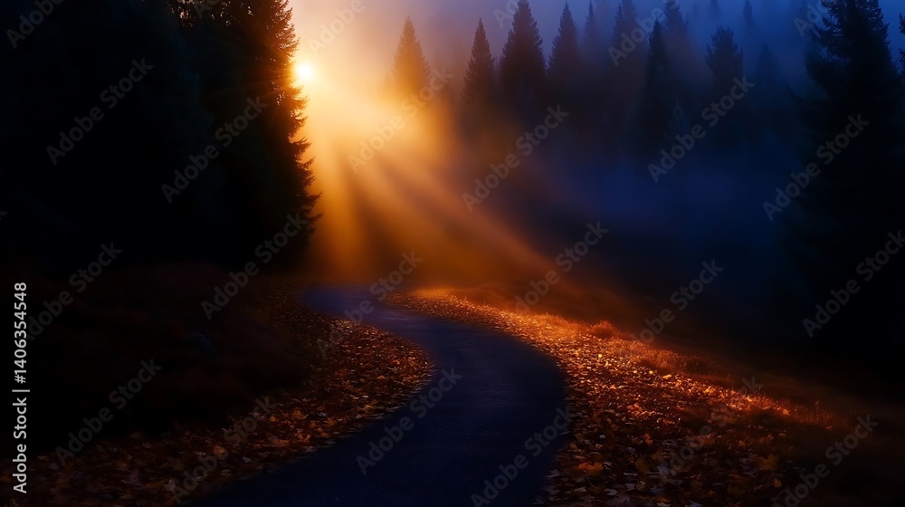 Sunbeams Illuminate Misty Forest Path. Sunbeams Illuminate Misty Forest Path.