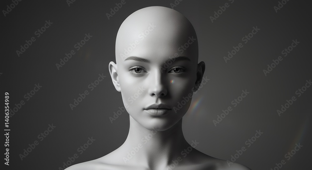 Portrait of a Bald Head Woman with Light Flare on Gray Background Portrait of a Bald Head Woman with Light Flare on Gray Background