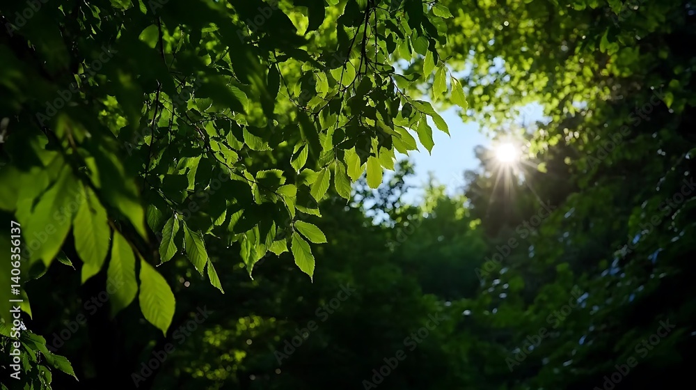 Fototapeta premium Sunbeams through Lush Summer Leaves.