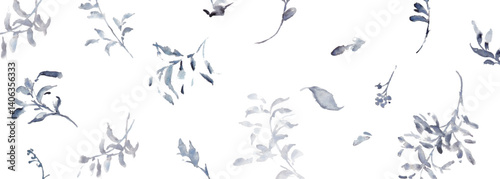 水彩画。水彩タッチののモノクロベクター草木イラスト。シンプルな草木装飾フレーム。Watercolor painting. Black and white vector illustration of plants and trees with watercolor touch. Simple grass tree decorative frame.