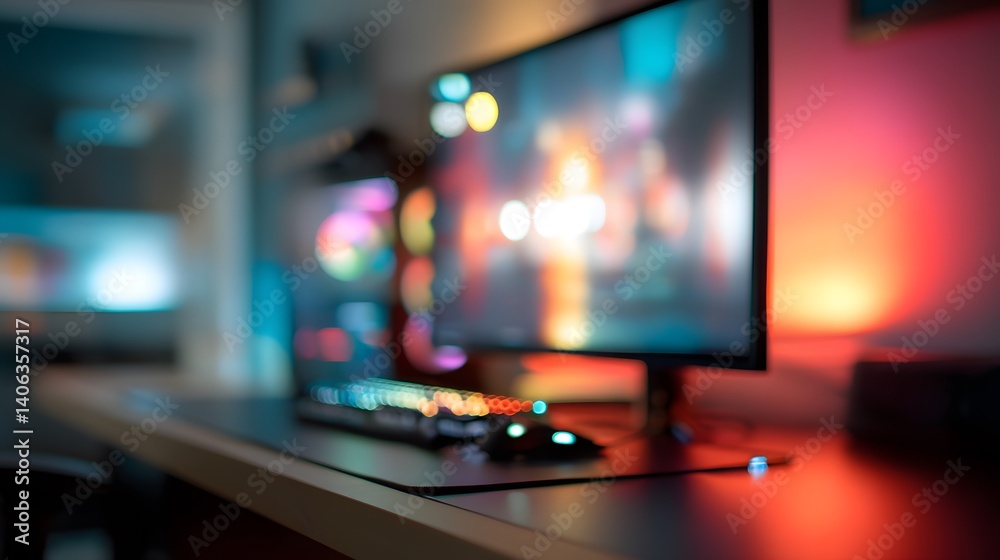 Blurred minimalist gaming setup with RGB lights, desk, and large screen Blurred minimalist gaming setup with RGB lights, desk, and large screen